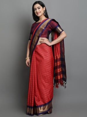 valida Striped Dharmavaram Cotton Silk Saree(Red)