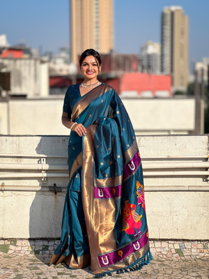 CP TEXTILE Embellished Paithani Art Silk Saree(Multicolor)