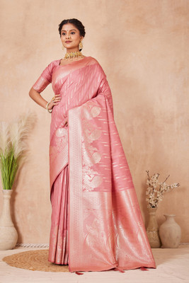 HETASH FASHION Woven, Paisley, Self Design, Striped Banarasi Satin Saree(Pink)