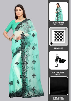 Barkiya Creation Embroidered Bollywood Net Saree(Light Blue)