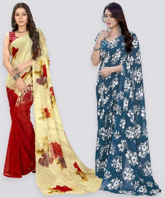 Anand Sarees Floral Print Daily Wear Georgette Saree(Pack of 2, Pink, Beige, Blue)