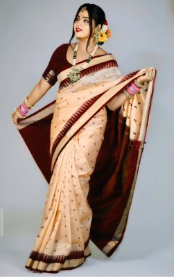 Shadan mart Woven Sambalpuri Handloom Art Silk Saree(Cream, Maroon)