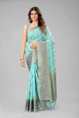 roman Self Design, Embellished, Woven Chanderi Cotton Silk, Jacquard Saree(Light Blue)