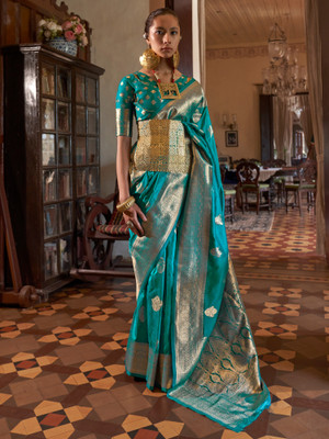 Sareemall Woven Banarasi Silk Blend Saree(Light Blue)