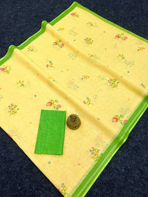 Margi Designers Floral Print Handloom Cotton Linen Saree(Yellow)
