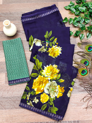 Anand Sarees Embellished, Floral Print Bollywood Georgette Saree(Dark Blue)