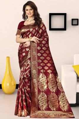 SPOTXY Woven, Embellished, Floral Print, Self Design Kanjivaram Pure Silk Saree(Maroon)