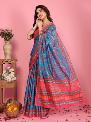 Soor Panchi Printed Bollywood Cotton Silk Saree(Light Blue)