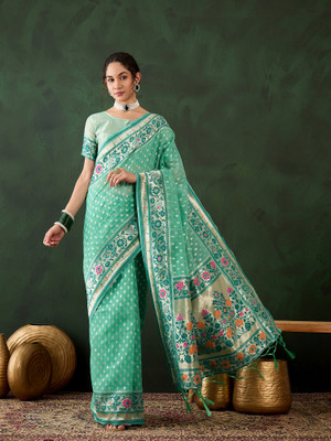 RK Creation Printed Bollywood Cotton Blend Saree(Green)