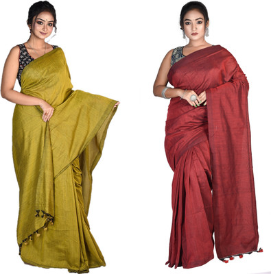 tantial Solid/Plain Handloom Pure Cotton Saree(Pack of 2, Multicolor)