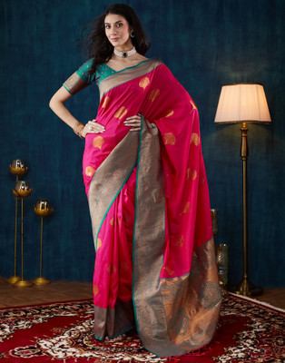 Samah Woven, Embellished Banarasi Silk Blend, Jacquard Saree(Pink)