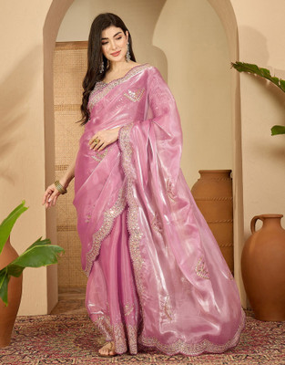 Satrani Embroidered, Embellished Bollywood Tissue, Jimmy choo Saree(Pink)