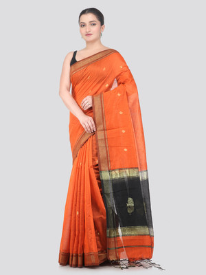 PinkLoom Woven Handloom Cotton Blend Saree(Orange)