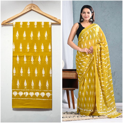 HG SAREES Printed Bollywood Mulmul Saree(Yellow)