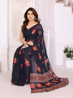SuperLaxmi Floral Print, Self Design, Striped Bollywood Chiffon, Georgette Saree(Black)