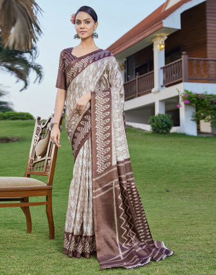 Samah Printed, Woven Ikkat Khadi Saree(Brown)