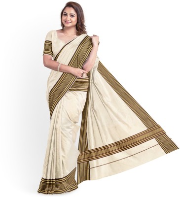 Chithra Fabrics Solid/Plain Kasavu Pure Cotton Saree(Cream)