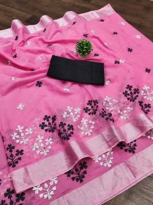 yourwish Embroidered, Self Design, Woven, Embellished Chanderi Chanderi, Cotton Silk Saree(Pink, Silver, White, Black)