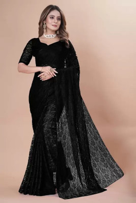 Vragi Floral Print Bollywood Net Saree(Black)