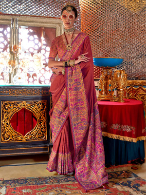 Tasrika Printed Kanjivaram Silk Blend Saree(Red, Brown)