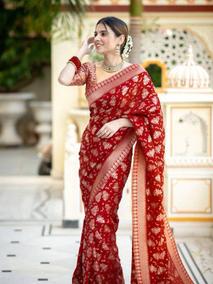 RUCHAA FASHION Printed Banarasi Pure Silk Saree(Red)