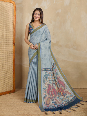 RekhaManiyar Printed Saree with Attached Blouse Silk Blend Saree(Blue)