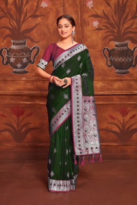 NS WORLD Self Design Banarasi Pure Silk Saree(Dark Green)