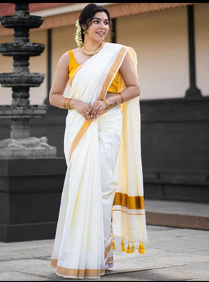 DIYASCREATIONS Solid/Plain Kasavu Handloom Pure Cotton Saree(White)