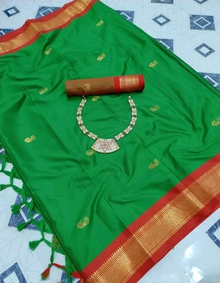NST5 Woven Paithani Cotton Silk Saree(Green, Red)