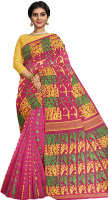 PuJoy Self Design Jamdani Cotton Blend Saree(Maroon)