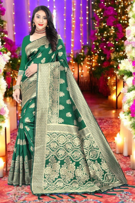 SHRIMAY Woven Kanjivaram Silk Blend Saree(Dark Green)