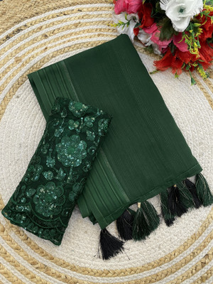 saanvi Self Design, Solid/Plain Bollywood Georgette Saree(Dark Green)