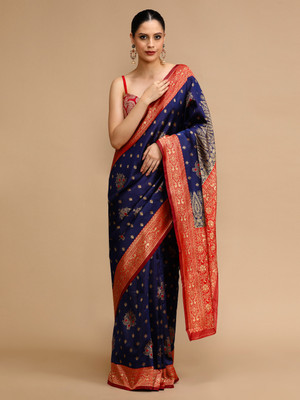 House of Pataudi Woven Banarasi Silk Blend Saree(Blue)