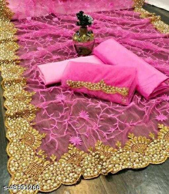 Zenomics Embroidered, Embellished Bollywood Net Saree(Pink)