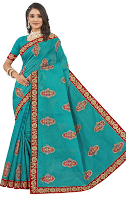 RANJANA CREATION Embroidered Tant Cotton Silk Saree(Blue)
