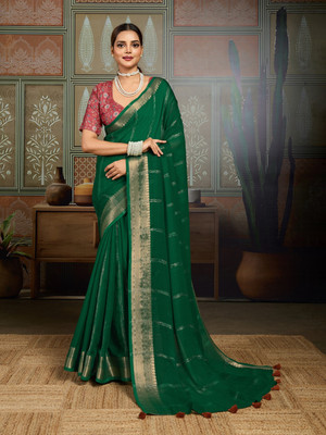 HouseOfCommon Woven Kanjivaram Tussar Silk Saree(Green)