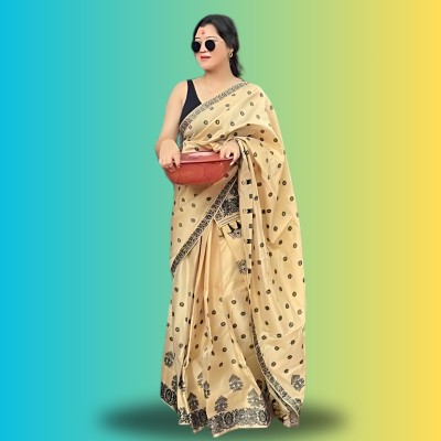 kamdar Woven, Floral Print Mekhela Chador Polyester, Silk Blend Saree(Beige)