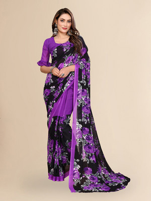 kashvi sarees Floral Print Daily Wear Georgette Saree(Purple, Black)