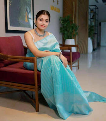 Neel Fashion Self Design Banarasi Silk Blend Saree(Light Blue)
