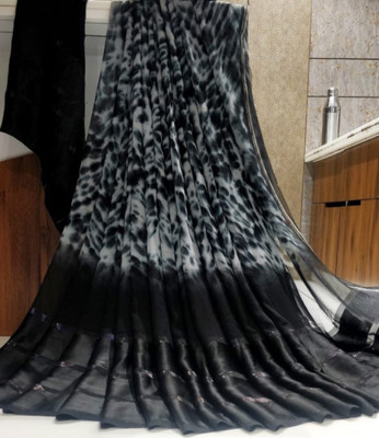 Bombey Velvat Fab Printed, Solid/Plain Ikkat Satin, Chiffon Saree(Black)