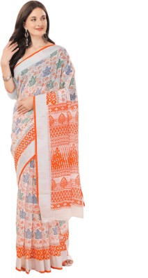 Sidhidata Printed, Floral Print Daily Wear Cotton Linen Saree(Orange)