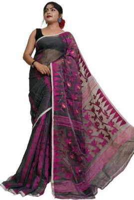 M STORE Floral Print Jamdani Cotton Silk Saree(Grey)