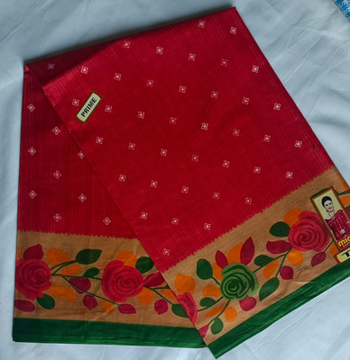 Minu Fashion Floral Print, Woven, Printed, Digital Print Bollywood Pure Cotton Saree(Red, Green)