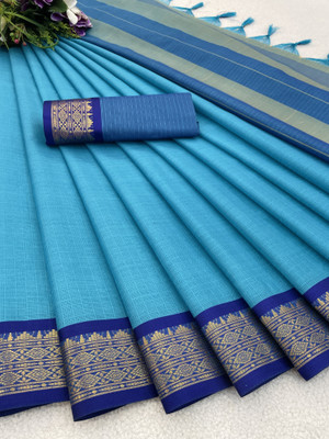 KanjiQueen Checkered Jamdani Silk Blend, Cotton Blend Saree(Light Blue, Blue)