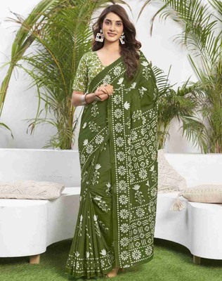 ARSH ENTERPRISE Printed Ikkat Pure Cotton Saree(Green)