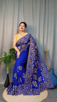 Dona Sharee Embroidered Bollywood Silk Blend Saree(Blue)