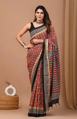 Rashmiwala Printed Bollywood Cotton Linen Saree(Red, Black)