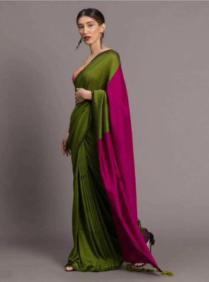 Binay textile Solid/Plain Handloom Cotton Silk Saree(Dark Green)