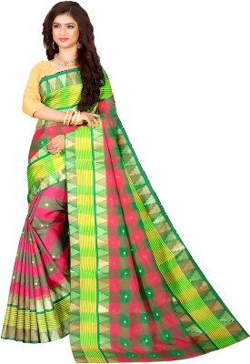 Radharani Saree House Self Design, Checkered Tant Pure Cotton Saree(Red, Green)