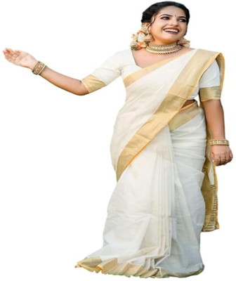 Svarnvastraa Solid/Plain, Woven, Self Design Kasavu Cotton Blend Saree(White)